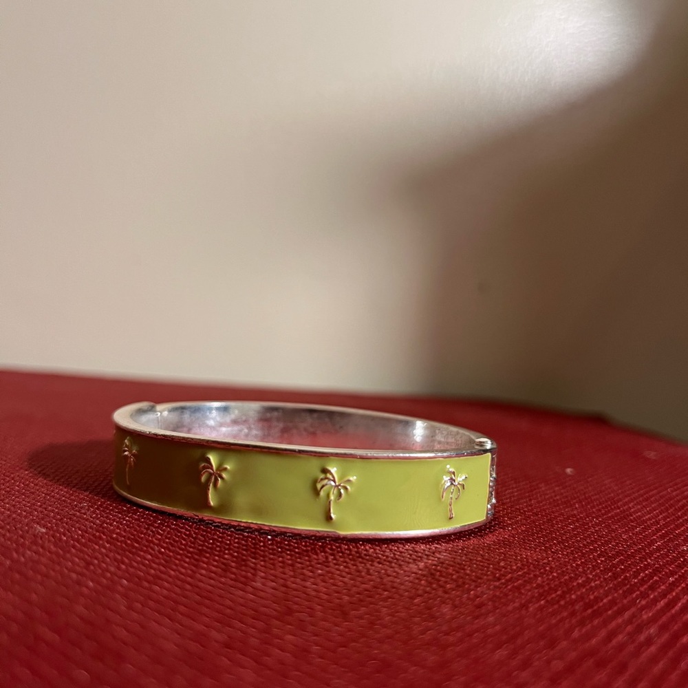 Green and Gold Palms Hinged Enamel Bangle Bracelet